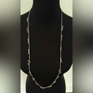 Multi-Bead Long Station Necklace in Brown and Silver